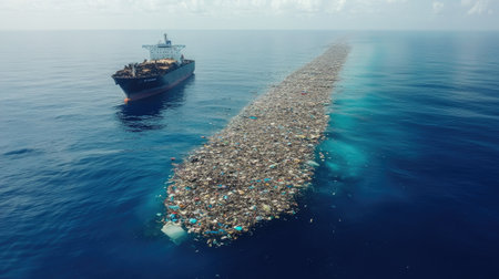 Diagonal angle of a floating garbage patch in the sea, with plastics and debris spreading outward, raising environmental awarenessの素材