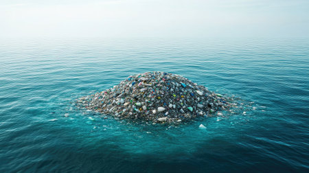 Wide ocean scene with a floating garbage island breaking the horizon, emphasizing the growing issue of marine pollutionの素材