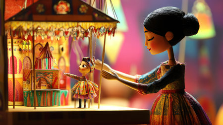 A puppeteer performing a live show, with intricate puppets against a colorful, child-friendly backdrop.の素材