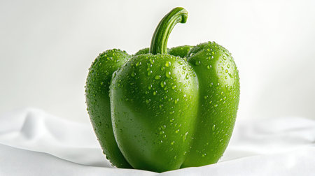Detailed view of a fresh green bell pepper with droplets of water, showcasing its vibrant color and smooth surface against a white backdropの素材