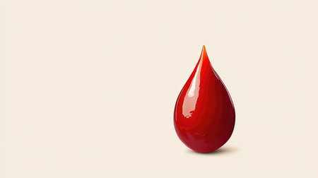 A minimalist image of one ketchup drop with vibrant detail against a neutral white background.の素材