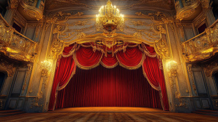 A vintage theater stage with red velvet curtains, ornate golden details, and a grand chandelier above.の素材