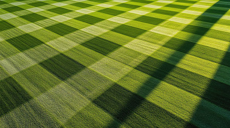 A bird's-eye view of a grassland showcasing geometric mowing designs under the play of light and shadows.の素材