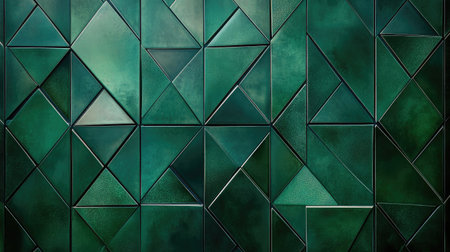 Abstract dark green mosaic tile texture with geometric fluted triangles, perfect for creating modern architectural designs and stylish background aestheticsの素材