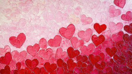 Asymmetrical red and pink abstract hearts arranged in a vibrant pattern on a soft, romantic Valentine's Day backdrop, creating a lively love-filled atmosphereの素材
