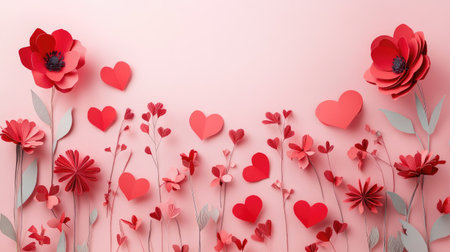 Delicate paper cut red flowers and heart shapes thoughtfully arranged on a soft pink background, offering a modern and romantic vibe for festive designsの素材