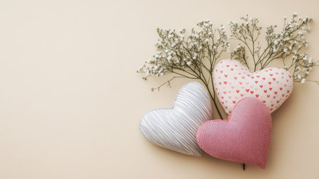 Creative flatlay of handmade heart-shaped cushions on a neutral background, leaving ample space for text and graphics in an appreciation-themed designの素材
