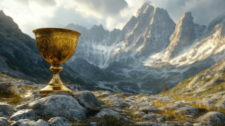 A golden chalice on rocky terrain, with majestic mountain peaks in the background, evoking a sense of ancient luxury and natural beautyの素材