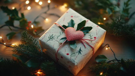 Seasonal holiday background featuring a beautifully wrapped gift box, adorned with a heart ornament and surrounded by twinkling lights and greeneryの素材
