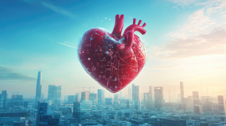 3D heart and medical symbols floating above a city skyline, symbolizing urban healthcare and heart health awarenessの素材