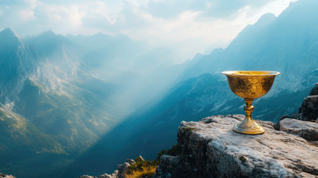 A golden chalice on a rocky ledge, overlooking a vast mountain range, symbolizing luxury and the grandeur of nature in a single frameの素材