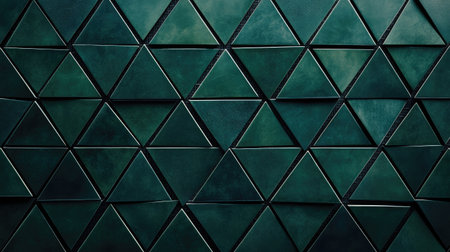 Textured dark green triangular mosaic tile background with geometric fluted triangle details, adding a sleek, modern touch to architectural visualsの素材