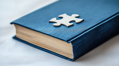 Close-up of a blue book with a puzzle piece on top, symbolizing the concept of learning and education on a light backgroundの素材