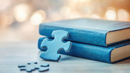 A blue book and a puzzle piece symbolizing the connection between knowledge and learning, set against a soft light backgroundの素材