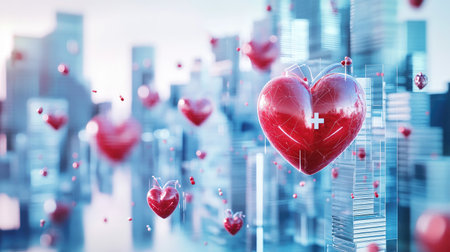 3D visual of heart health with floating medical symbols and a modern cityscape, highlighting the importance of heart wellness in urban lifeの素材