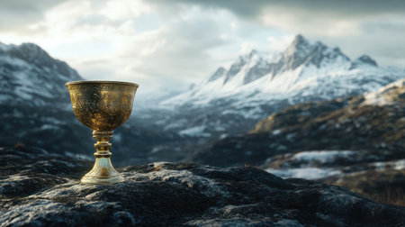 A majestic golden chalice placed on a rugged rocky surface, with snow-capped mountains as a backdrop, creating a dramatic and refined atmosphereの素材