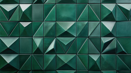 Textured dark green triangular mosaic tile background with geometric fluted triangle details, adding a sleek, modern touch to architectural visualsの素材