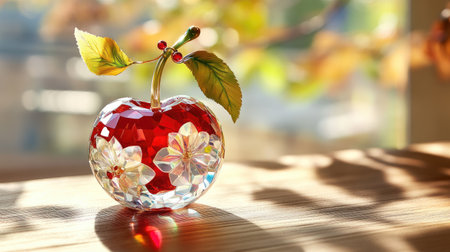 A fresh cherry encased in a radiant, light-colored crystal-like shell, creating an elegant, mouthwatering look.の素材