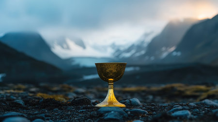 A golden chalice set on rocky ground, framed by a vast mountain range in the background, symbolizing strength and elegance in the wildの素材