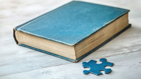 A blue book and a puzzle piece on a light background, symbolizing the journey of education and intellectual discoveryの素材