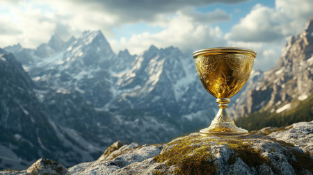 A golden chalice sitting on a rocky outcrop, with a panoramic view of majestic mountains, blending luxury with the beauty of natureの素材