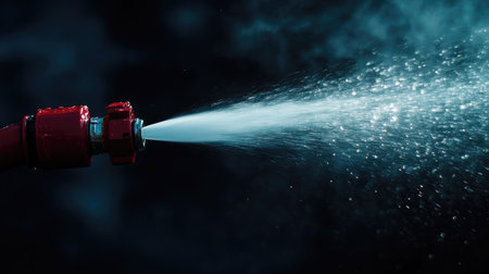 Close-up shot of a red hose nozzle releasing a high-pressure water spray with a dark backdrop, symbolizing industrial or firefighting equipmentの素材