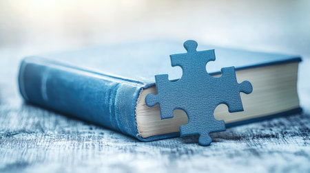 A blue book and a puzzle piece symbolizing the connection between knowledge and learning, set against a soft light backgroundの素材