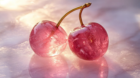 A pair of cherry-shaped crystals in soft pink tones, connected by a golden stem, glowing gently on a white marble surface.の素材