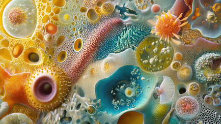 Microscopic view of diverse microorganisms and intricate cellular structures under a high-powered microscope, showcasing the complexity of life on a microscopic levelの素材