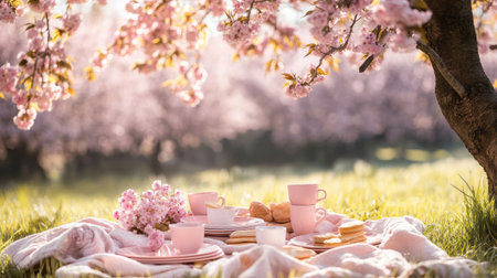 Pastel-inspired picnic layout with plates, cups, and blankets set under a blooming cherry tree, perfect for a spring day outdoorsの素材