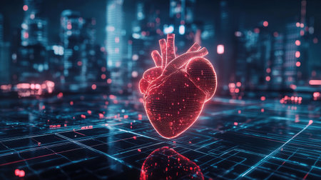 3D heart health concept with glowing medical symbols and cityscape in the background, representing urban wellness and heart careの素材