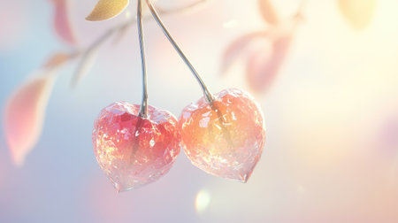 A pair of cherry-shaped crystals in delicate pink and golden tones, hanging from a silver wire on a pastel gradient background.の素材