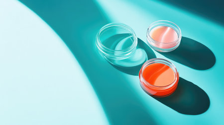 Artistic shot of gel cosmetic product samples in a Petri dish on a vivid blue background, with dramatic hard shadows creating a sophisticated effectの素材