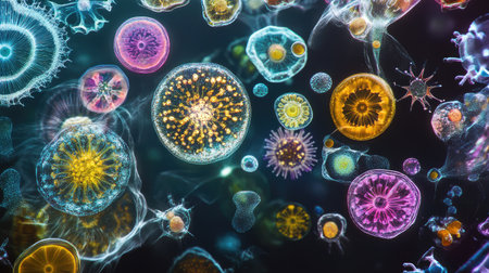 Microscopic view of various microorganisms and abstract cellular patterns under a high-powered microscope, emphasizing the beauty of the unseen worldの素材