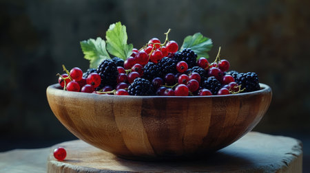 Fresh blackberries and redcurrants bursting with color, piled together in a wooden bowl, offering a refreshing and healthy snackの素材