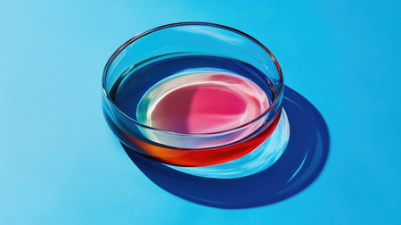 Petri dish filled with gel cosmetic product samples, set against a rich blue background, with dramatic hard shadows for a bold and artistic designの素材