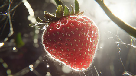 A single strawberry shining through a light crystal shell, delicate details illuminated.の素材