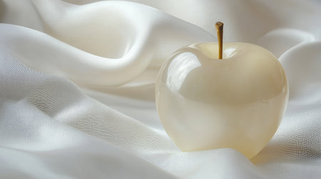 A delicate light-colored crystal apple, placed on a white silk fabric, reflecting elegance and refinement.の素材