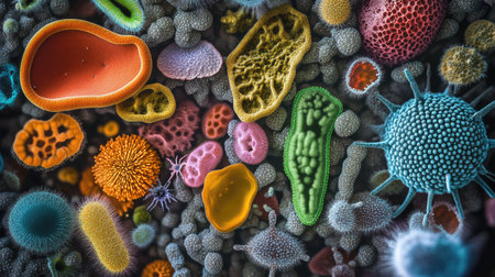 Microscopic view of diverse microorganisms and intricate cellular structures under a high-powered microscope, showcasing the complexity of life on a microscopic levelの素材