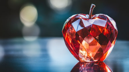 A single apple shaped like a stunning crystal, shimmering with soft light-colored hues, placed on a reflective surface.の素材