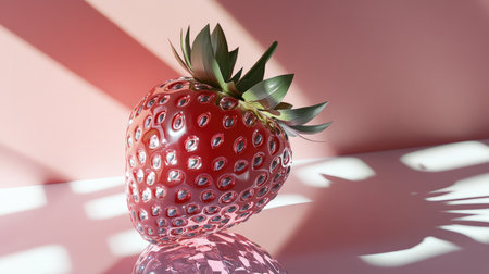 A beautifully cut Strawberry Crystal lying on a mirrored surface, reflecting subtle pink and white hues under diffused light.の素材