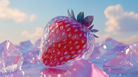 A strawberry preserved in a translucent crystal shell, sparkling like frozen glass.の素材