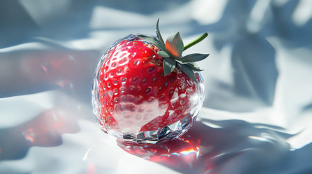 A strawberry encased in a clear, polished crystal shell, surrounded by soft light highlights.の素材