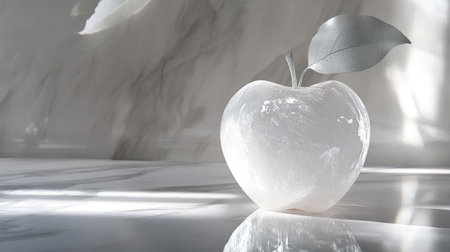 A single apple designed as a delicate light-colored crystal, sitting elegantly on a marble surface with subtle reflections.の素材