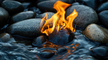 A mesmerizing blaze of flames moving over smooth river stones, contrasting with the stillness of the dark stones for a dramatic effectの素材