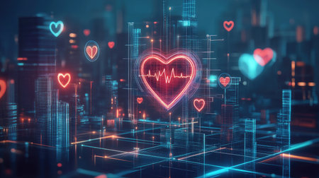Futuristic 3D heart health concept with floating medical icons and city buildings, emphasizing the connection between urban life and heart careの素材