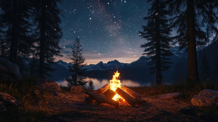 Glowing campfire flames igniting logs under a starlit sky, with dark pine trees framing the serene and peaceful wilderness environmentの素材