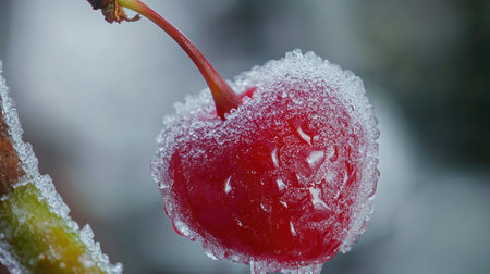 A vibrant cherry encased in a delicate, frosty crystal shell with intricate highlights, glowing softly.の素材