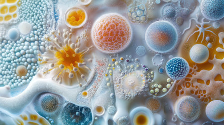 Microscopic view of various microorganisms and abstract cellular patterns under a high-powered microscope, emphasizing the beauty of the unseen worldの素材