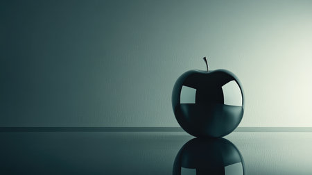 A stunning apple shaped like a smooth crystal, with light-colored highlights and shadows, on a reflective black surface.の素材